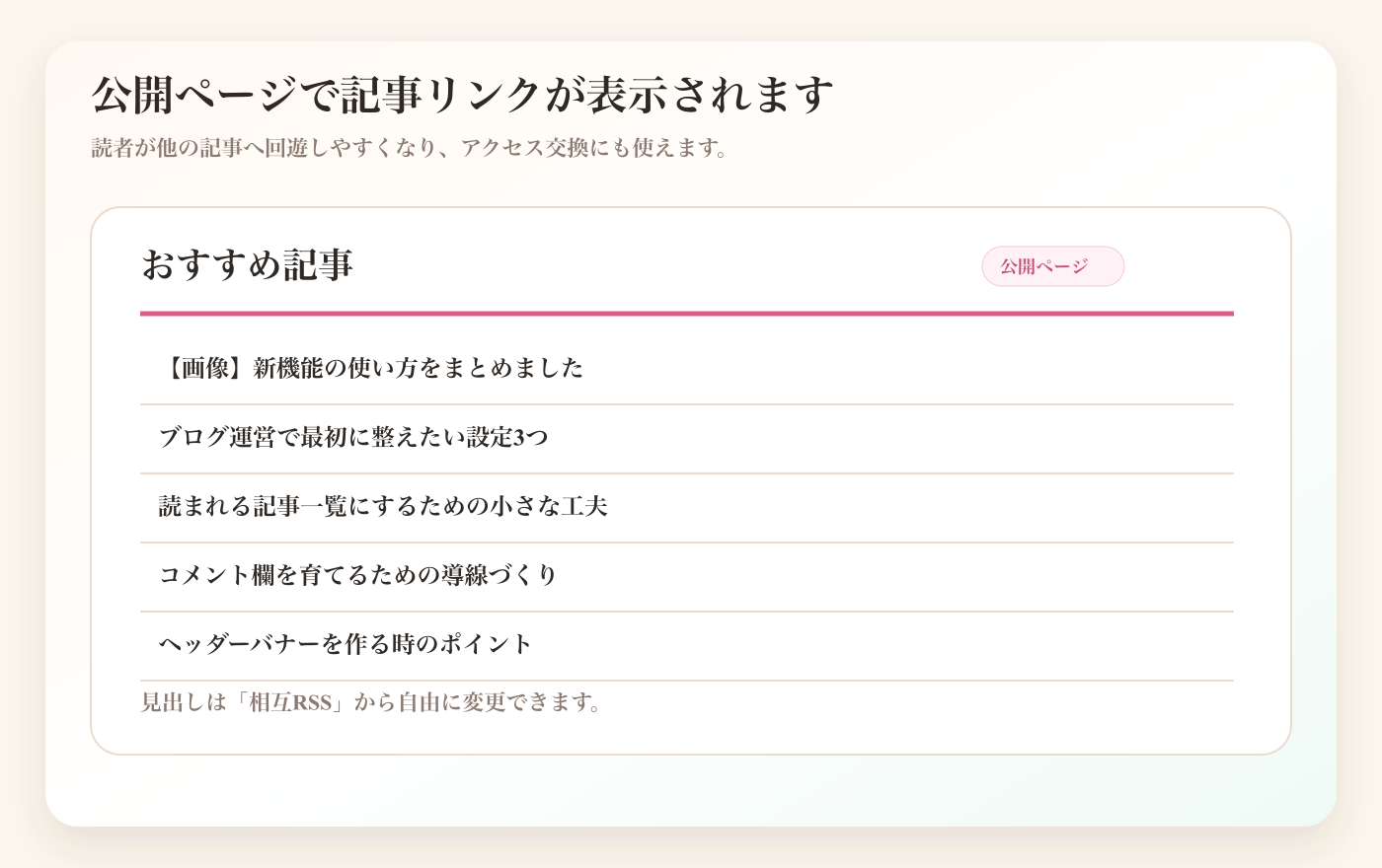 公開ページにおすすめ記事としてRSSリンクが表示される例